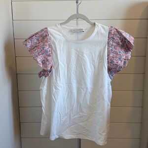 English Factory White Top with Pink and Blue Ruffle Sleeves